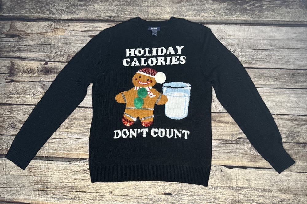 Forever 21 Mens Large Ugly Christmas Sweater Holiday Calories Don't Count Black